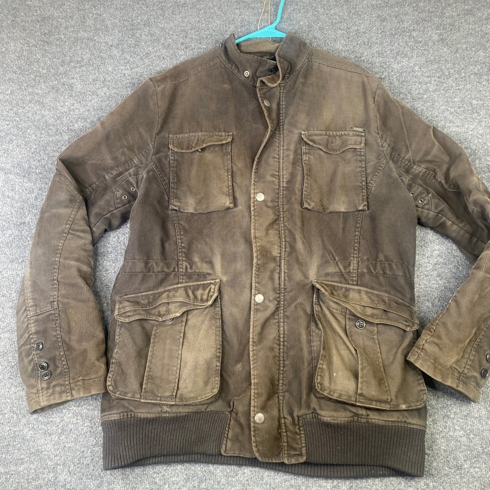 Diesel Mens Corduroy Field Jacket Olive Brown Cargo Pocket XXL Distressed